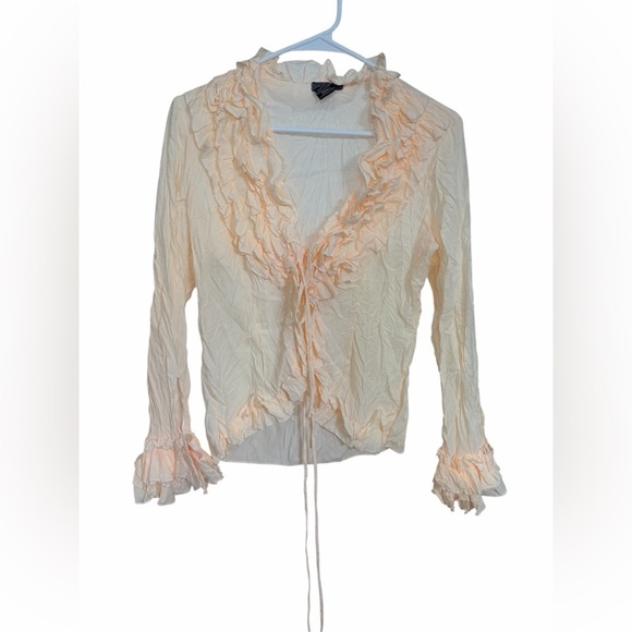 Selections Tops - Vintage Fairycore Ruffle Tie Front Blouse Peach Cream Romantic Cottagecore Top S